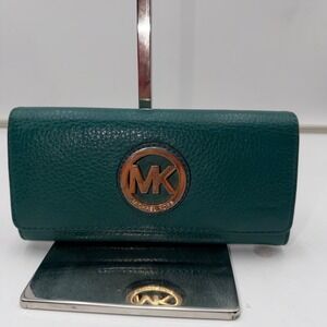 Michael Kors Fulton Flap Continental Wallet Forest Green Pebbled Leather Gold MK